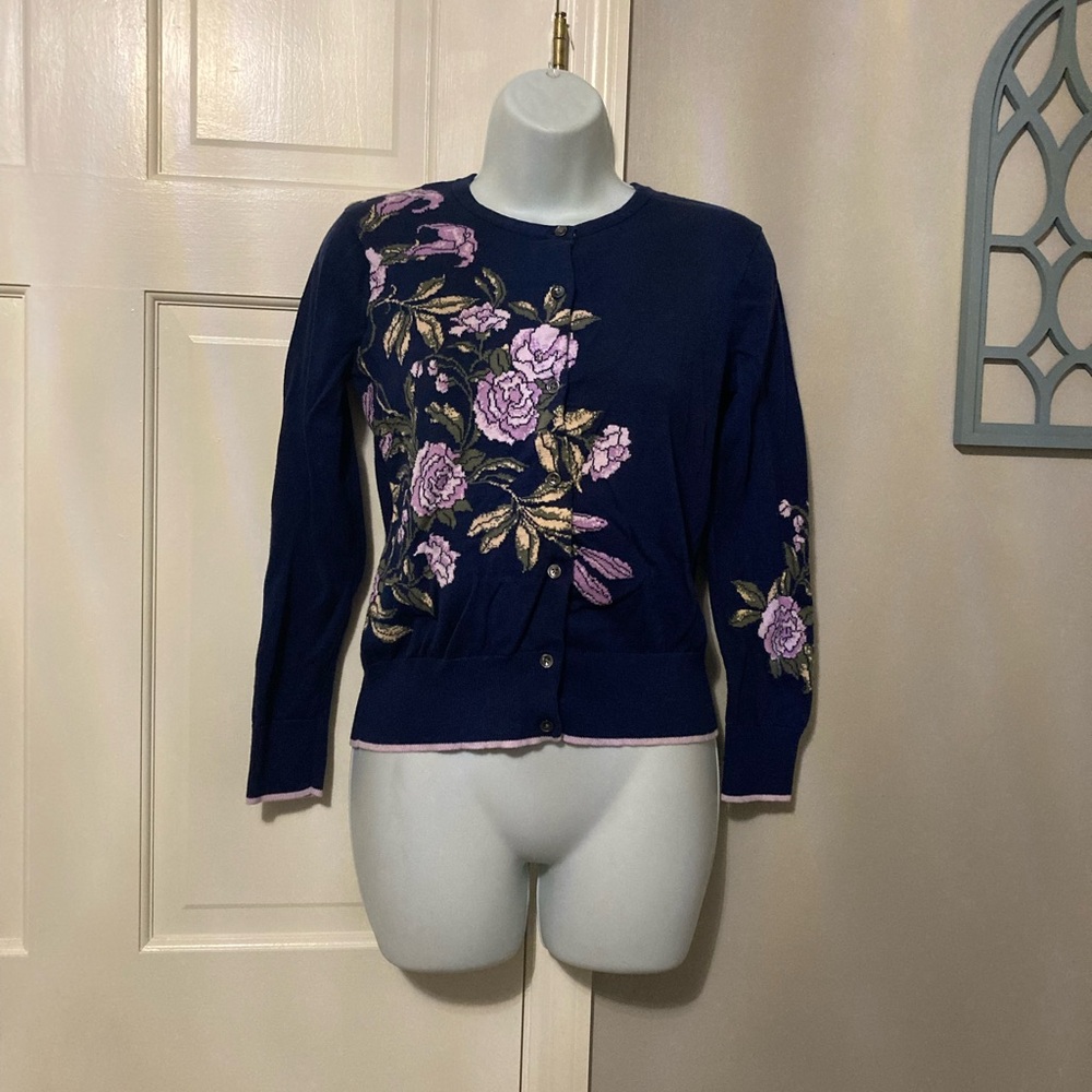 Lands' End Navy Cardigan with Purple Floral Embroidery